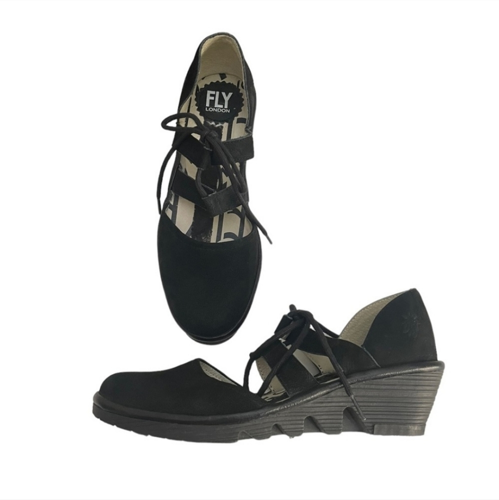 Fly London Black Lace-Up Wedge Pumps